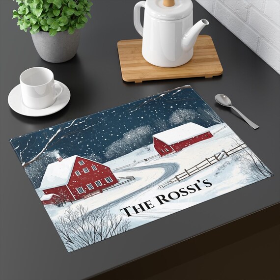 Placemat Personalized Winter Farm Scene , 1pc - Holiday Farmhouse Dining Decor, Custom Table Mat, Rustic Table, Snow Scene, Rustic