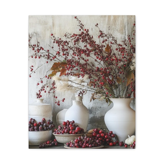 Wall Art Print, White Autumn & Cranberry Canvas, Stretched 1 25" - Elegant Home Decor, Office Art Decor, Fall Decor, Thanksgiving