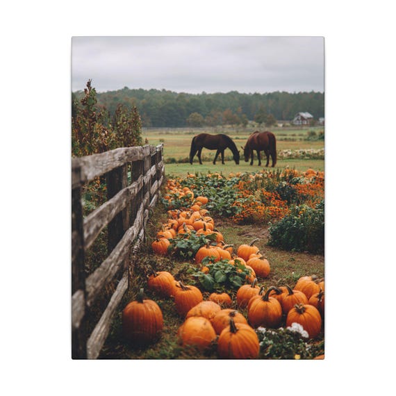 Autumn Farm Canvas Print, Rustic Home Decor, Pumpkin Patch Wall Art, Horse Lovers Gift, Fall Decor, Country Style Artwork