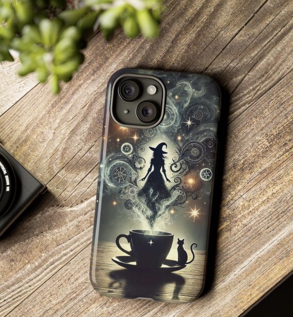 Tough Cases - Witch and Coffee Black Cat Phone Case for Magic Lovers, Cat Lovers, Halloween, Gothic, Wiccan, Coffee Addicts, Tea Cup, Tea