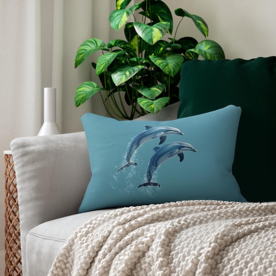 Dolphin Pillow, Marine Animal Decor, Sea Creature Cushion, Ocean Theme Throw Pillow, Underwater Wildlife Pillowcase,20x14