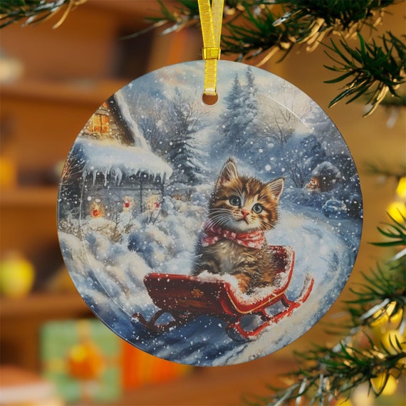 Cat Ornaments Glass  Kitten on a Sled, Cute Christmas Tree Decoration, Holiday Gift, Cat Lover Ornament, Winter Decor, Festive Home Decor