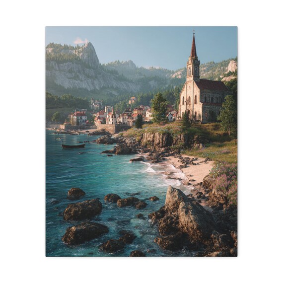 Seaside Canvas, Ocean Canvas Wall Art, Seaside Village and Church Canvas, Coastal Decor, Beach House Painting, Ocean View Canvas, Home Decor