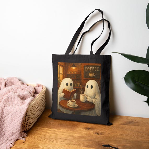 Ghostly Coffee Lovers Tote Bag, Cute Tote, Halloween Bag, Gift for Coffee Lovers, Fun Shopper Bag, Eco-Friendly Canvas
