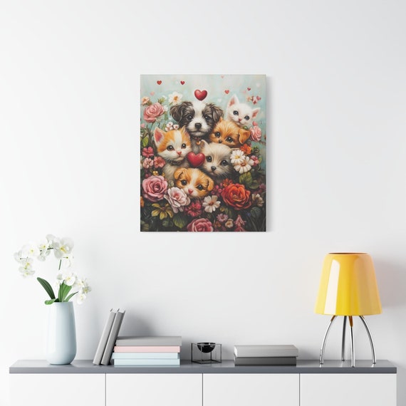 Puppy and Kitten Whimsical Canvas Matte Stretched Wall Art, Canvas Print,  Cat Animal Lover Gift, Nursery Decor, Kids Room Decoration