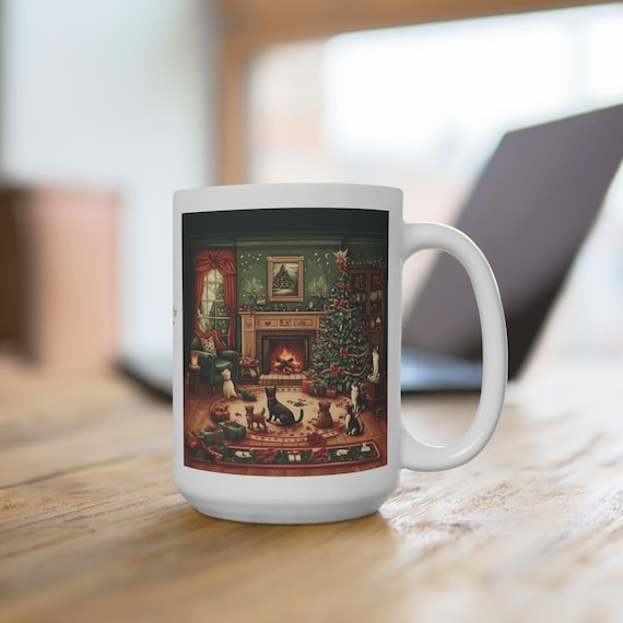 Christmas Dogs Cats Mug, Holiday Pets 15oz Cup, Xmas Animals Santa Scene, Pet Lover Gift, Coffee Tea Hot Cocoa, Ceramic Drinkware, Festive
