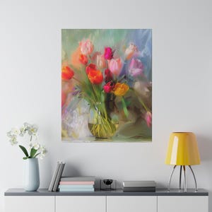 Canvas Print, Vibrant Floral, Vased Tulip Artwork, Wall Decor, Home Decoration, Flower Painting, Botanical Print