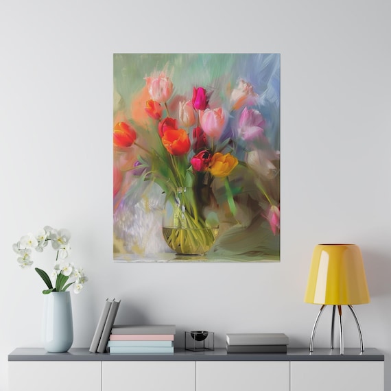 Canvas Print, Vibrant Floral, Vased Tulip Artwork, Wall Decor, Home Decoration, Flower Painting, Botanical Print
