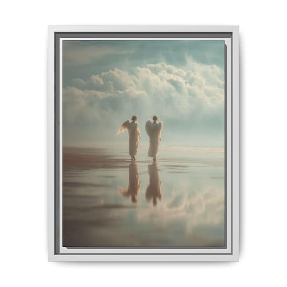 Angel Wall Art, Angels on the Beach Matte Framed Canvas Print, Religious Home Decor, Multi-color Angelic Artwork, Heavenly Coastal Decor