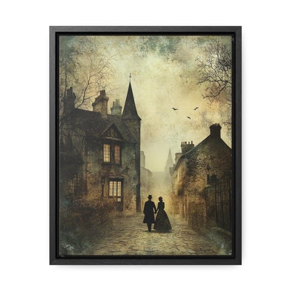 Gothic Victorian Couple on a Foggy Night Framed Canvas Gothic Wall Art, Romantic Vintage Decor, Mysterious Gaslit Streets, Framed Artwork