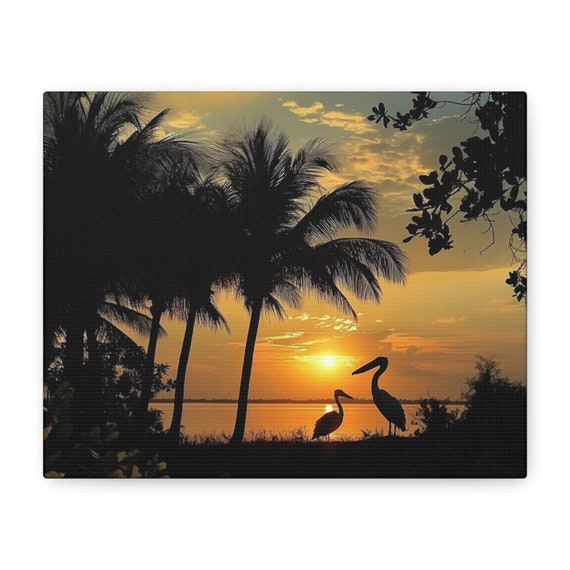 Canvas Wall Art, Coastal Sunset Palm Trees and Pelicans, Ocean Beach Home Decor, Large Tropical Print, Seascape Painting