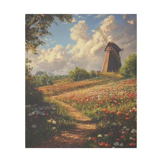 Windmill Canvas Wall Art, Wildflowers, Home Decor, Floral Art Print, Farmhouse Decor, Country Charm, Spring Decor, Nature