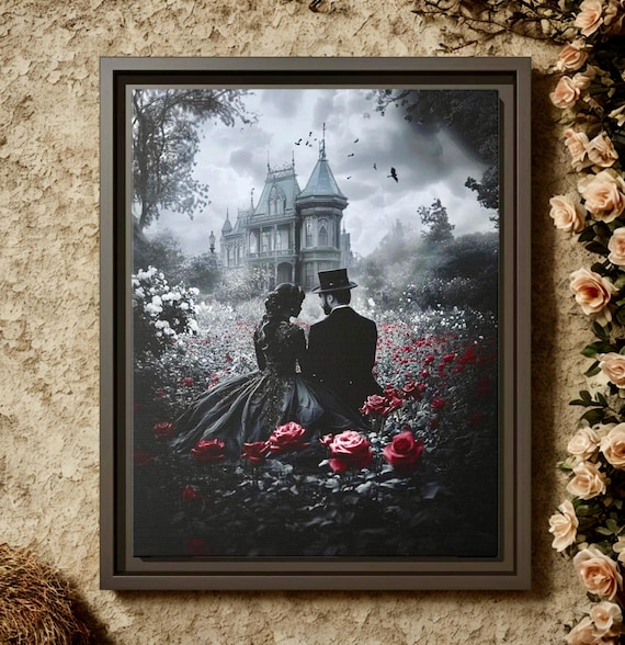 Framed Canvas, Victorian Garden Art, Gothic Couple Print, Romance in Bloom, Victorian Era Wall Decor, Framed Art Print, Multi-color Matte
