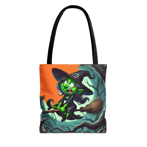 Witch Tote Bag, Halloween Trick or Treat Bag, Spooky Flying Witch, Wicca Totes, Occult Shoulder Bag, Witchcraft Handbag, Sorceress Carryall,