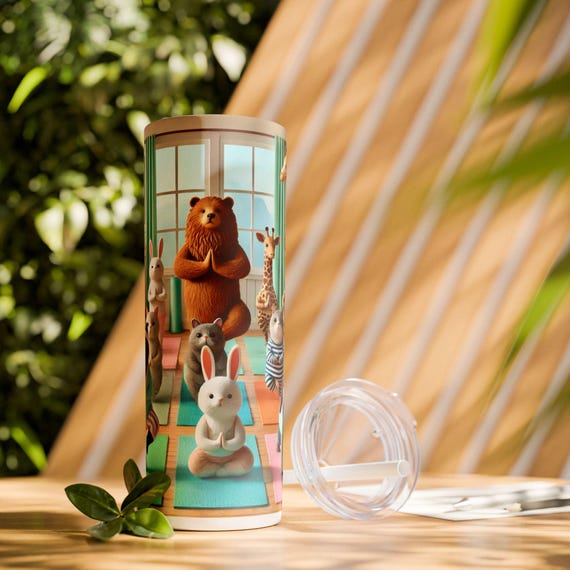 Yoga Animals Skinny Tumbler, Cute Zen Animal Print Travel Cup, Funny Workout Gym Water Bottle, Relaxation Gift, Meditation Drinkware, Animal