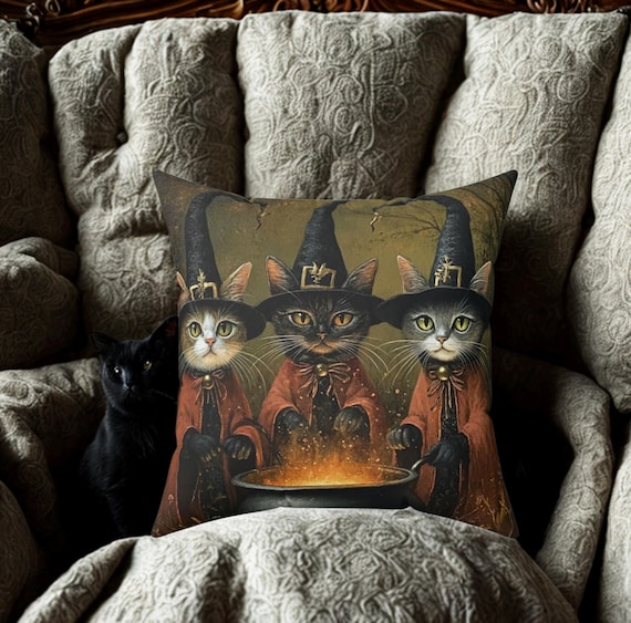 3 Cauldron Kittens Casting Spells Spun Polyester Square Pillow