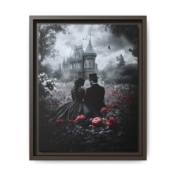 Framed Canvas, Victorian Garden Art, Gothic Couple Print, Romance in Bloom, Victorian Era Wall Decor, Framed Art Print, Multi-color Matte