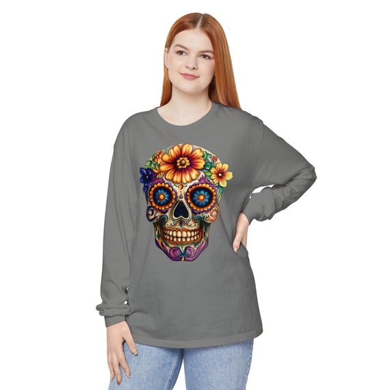 Sugar Skull Colorful Halloween Long Sleeve Unisex T-Shirt, Day of the Dead Top, Creepy Shirt, Dia de los Muertos Apparel, Spooky Festival
