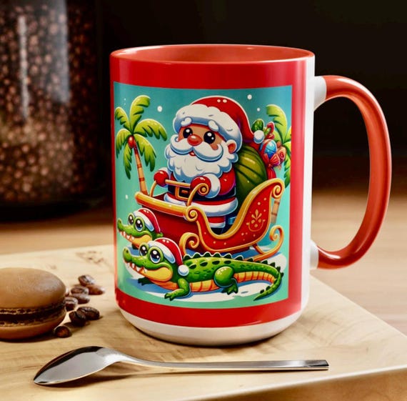 Santa and the Alligators Accent Coffee Mug, Florida themed Christmas Mug, Florida xmas mug, Fl lovers mug, holiday mug