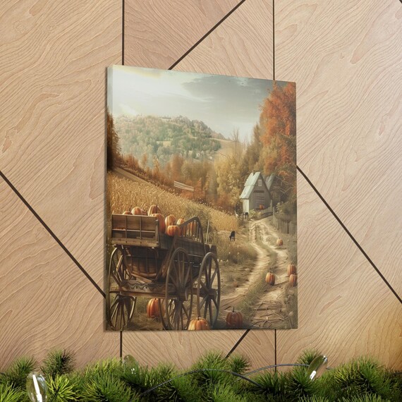 Pumpkin Cart on a Country Road Canvas Gallery Wraps, Pumpkins and Harvest Themed Art, Country theme, harvest, Autumn Art, Home Decor
