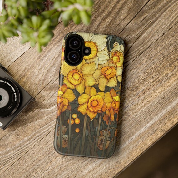 Floral Phone Case with Daffodils,Stained Glass Look Floral Phone Case, Spring Gift, Botanical Phone Cover, Flower Design, Eco-Friendly