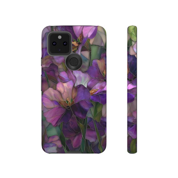 Phone Case Stained Glass Look, Purple Flowers Phone Cover, Vintage Floral Case, Gift for Her, Mother's Day,Floral Tough Case for iPhone