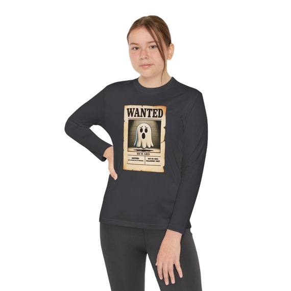 Halloween Ghost Youth Tee, Wanted Poster Style Shirt, Spooky Long Sleeve Top, Kids Halloween Costume, Ghostly Youth T-Shirt, Ghost Theme