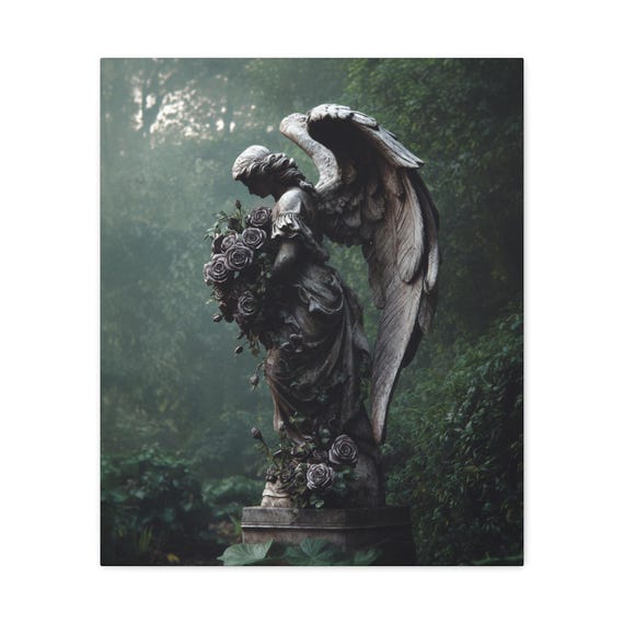 Angel Statue Wall Art, Matte Canvas Print - Ethereal Decor, Gothic Home, Gift for Art Lovers, Memorial Tribute, Spiritual Wall Art