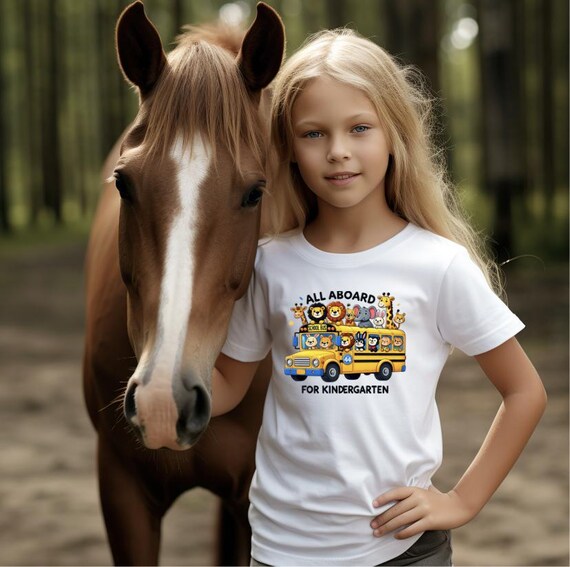 All Aboard for Kindergarten, Animal School Bus Youth Short Sleeve Tee, Kids Graphic Tee, Children's T-Shirt, Back to School, Kindergarten