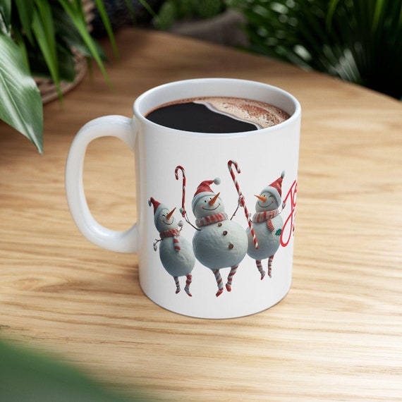 Snowmen Christmas Mug Dancing, Holiday Coffee Cup, Festive Tea Mug, Winter Ceramic Hot Cocoa Mug, Christmas Gift Idea