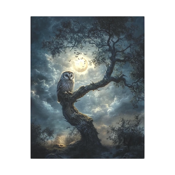 Owl Canvas, Owl Under the Moonlight Canvas, Wall Art, Home Decor, Night Sky Painting, Animal Lover Gift, Nature Inspired