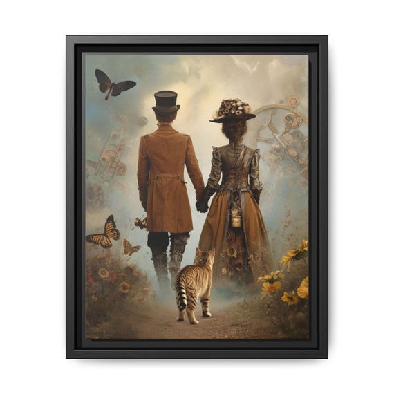 Vintage Steampunk Romantic Couple with Cat Framed Art, Steampunk Art, Wedding Gift,Vintage Style Wall Art, Anniversary Gift