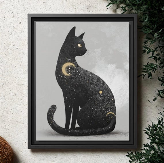 Black Cat Framed Art | Mystical Cat Home Decor, Animal Lover Gift, Wall Art for Cat Lovers, Cosmic Cat Print,Celestial Black Cat Artwork