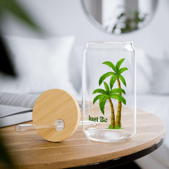 Sipper Glass Tropical Vibe, Just Be Palm Tree 16oz Refreshing Drinkware, Eco-friendly Beverage Jar, Perfect for Summer, Gifts, Beach Vibe