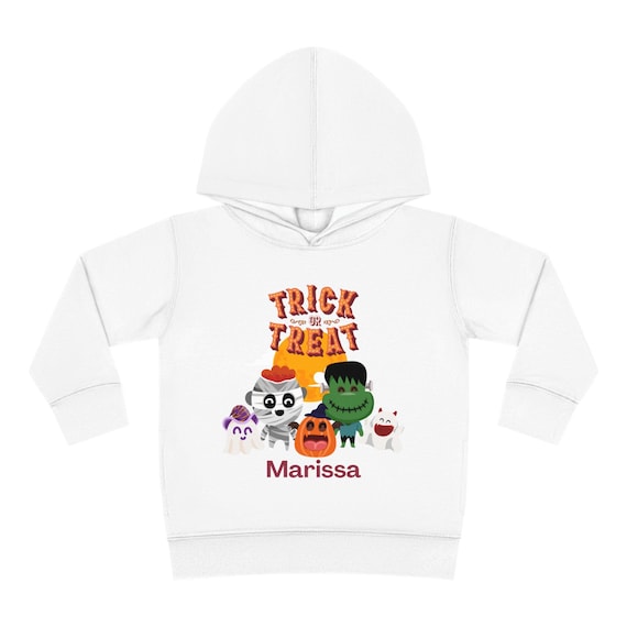 Toddler Trick or Treat Personalized Halloween Fleece Hoodie,Monster Crew Kids Costume Sweatshirt, Child Halloween Outfit, Custom Name Cozy