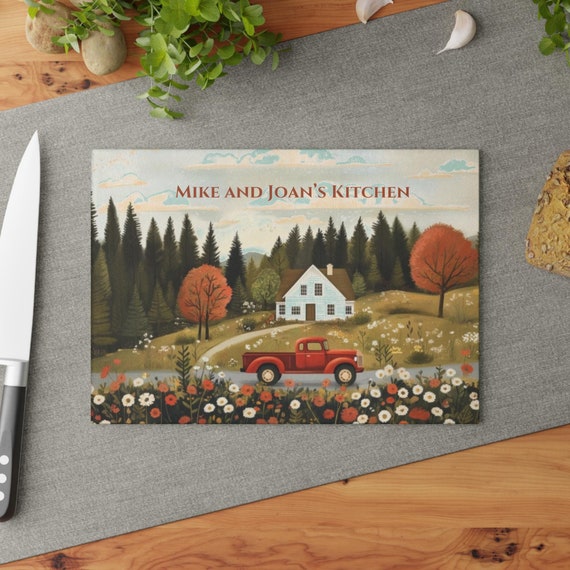 Cutting Board  Personalized Glass - Custom Kitchen Decor, Farmhouse Chef Gift, Rustic Glass Chop Board, Countryside Cooking Present,