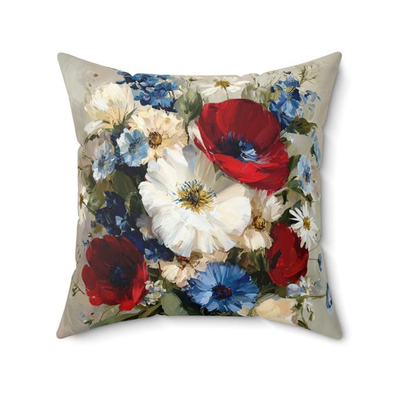 4th of July Floral Decorative Pillow | Patriotic Home Accent Pillow, Living Room Decor, Home Gift,Patriotic Pillow,Red White and Blue Pillow