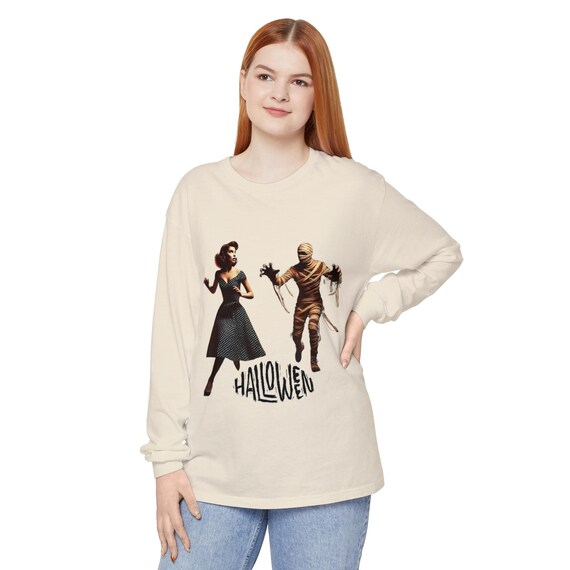 Vintage Halloween Long Sleeve T-Shirt, Mummy and 50s Woman Costume Top, Retro Fall Clothing, Unisex Cotton Tee, Spooky October Shirt,