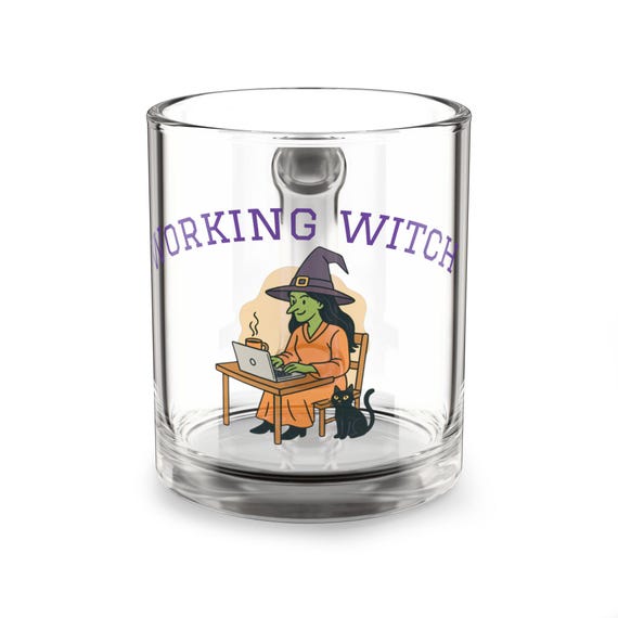 Working Witch Glass Mug, Halloween Coffee Cup, Witchy Gift, Office Mug, Spooky Season Decor, Unique Halloween Gift