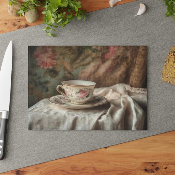 Glass Cutting Board Tea Cup Design, Kitchen Decor, Housewarming Gift, Cookware, Home Accessories, Unique Design