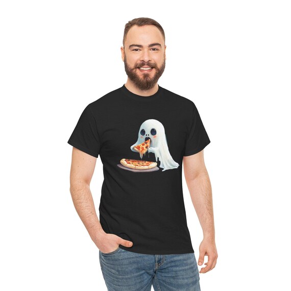 Ghost Eating Pizza T-Shirt, Funny Food Lover Tee, Spooky Pizza Shirt, Halloween Costume Top, Unisex Graphic Pizza Lover Tee
