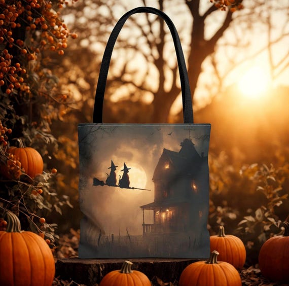 Halloween Cat Witches Tote Bag, Spooky Halloween Bag, Witch Tote for Fall, Trick or Treat Bag, Halloween Gift Idea,Cat Lovers