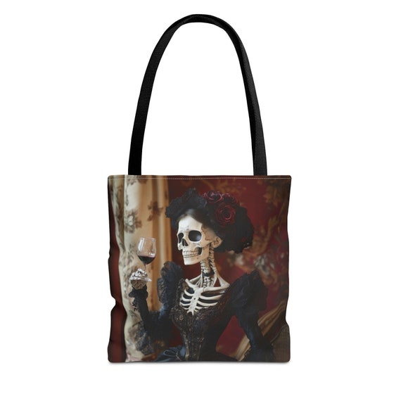 Elegant Skeleton Tote Bag, Halloween Tote bag, Skeletons, Gothic tote bag, Skeletons toasting to Halloween, Halloween Decor