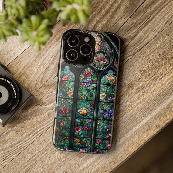 Stained Glass Style Phone Case, Tough Cases, Floral Design, Vintage Aesthetic, Artsy Gift for Her, Unique Phone Protection