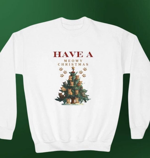 Christmas Cats Sweatshirt YOUTH, Kids Christmas Shirt,  Meowy Xmas Sweatshirt, Holiday Tree Crewneck, Cat Lover Gift, Winter Pullover