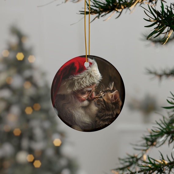 Santa and Cat Ornament,  Ceramic Ornaments,Holiday Decor, Cat Tree Decoration, Gift Idea, Cat Ornament, Cat Gift
