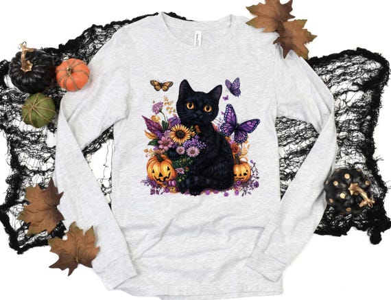 Black Cat Halloween Long Sleeve Tee, Autumn Floral Unisex Shirt, Cute Fall Kitty Top, Halloween Cat Clothing, Floral Cat Tee