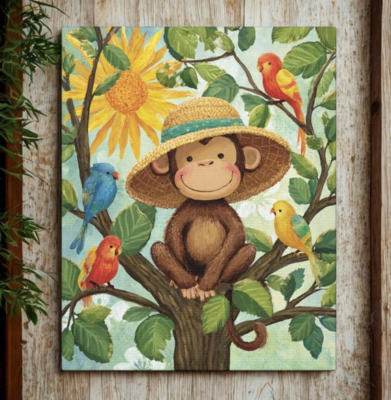 Whimsical Monkey Canvas Art, Playful Home Decor for Kids, Jungle Theme, Gift for Baby Showers, Nursery Wall Art, Animal Lovers