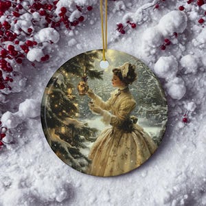 Victorian Christmas Ceramic Ornament: Glossy Holiday Tree Decoration
