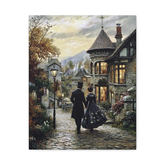 Gothic Victorian Village Canvas Print, Victorian Couple Walking, Romance, Gothic Art, Gothic Painting, Gift for Couples, Vintage Artwork